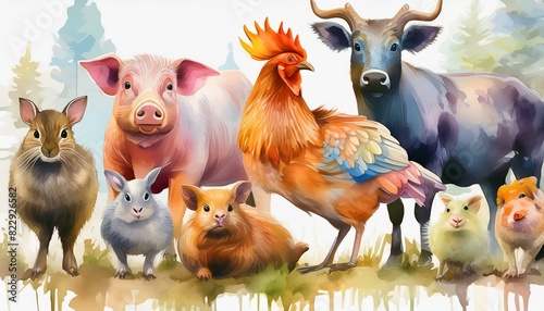 Watercolor illustrations of domestic animals: pig, chicken, chicken, cow, ram, goat, duck, isolated drawings by hand