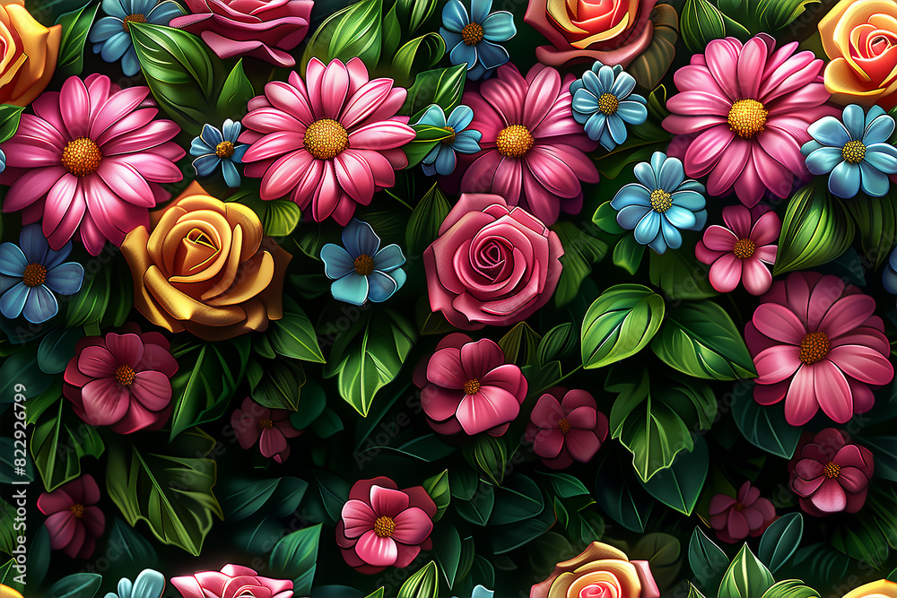 A colorful flower garden with a variety of flowers including roses, daisies