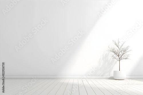 Serene and Peaceful Empty White Room with Wooden Floor and Minimal Decor