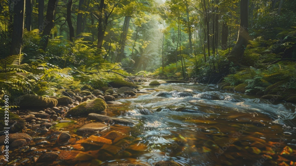 Quiet forest stream with clear water flowing over smooth stones, surrounded by verdant trees and undergrowth. A simple yet stunning natural landscape. Quiet forest stream with clear water flowing over smooth stones, surrounded by verdant trees and undergrowth. A simple yet stunning natural landscape.