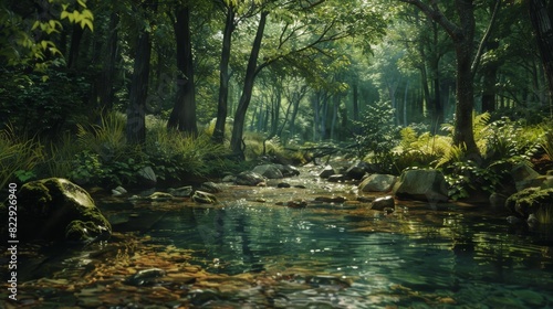 Quiet forest stream with clear water flowing over smooth stones  surrounded by verdant trees and undergrowth. A simple yet stunning natural landscape.