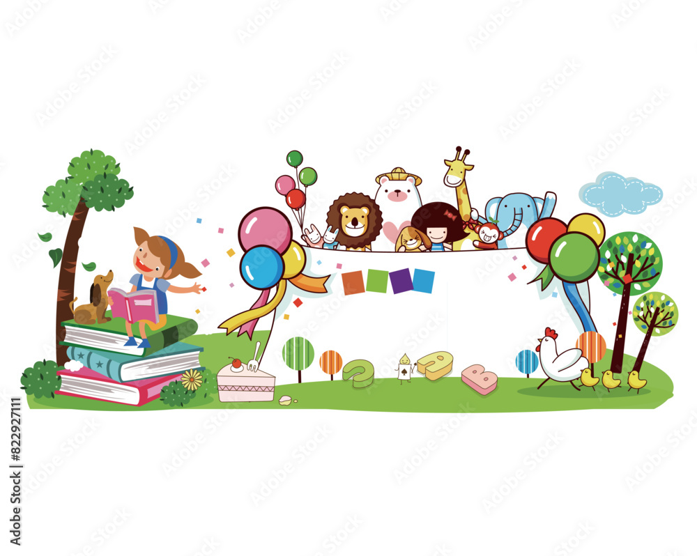 Obraz premium Kindergarten Cartoon Background Board Children's Book Cover Illustration Cute Vector