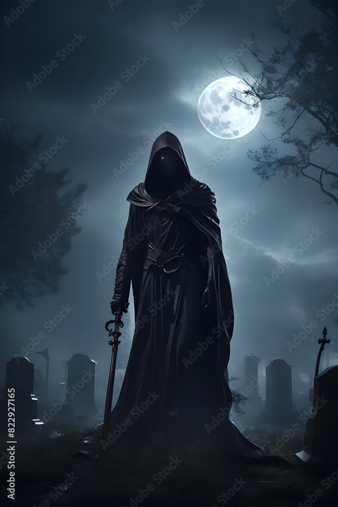 Halloween hauntingly dark and moody black hooded figure, creepy and macabre halloween scary hooded ghost poster with glowing pumpkins Halloween hauntingly dark and moody black hooded figure, creepy and macabre halloween scary hooded ghost poster with glowing pumpkins