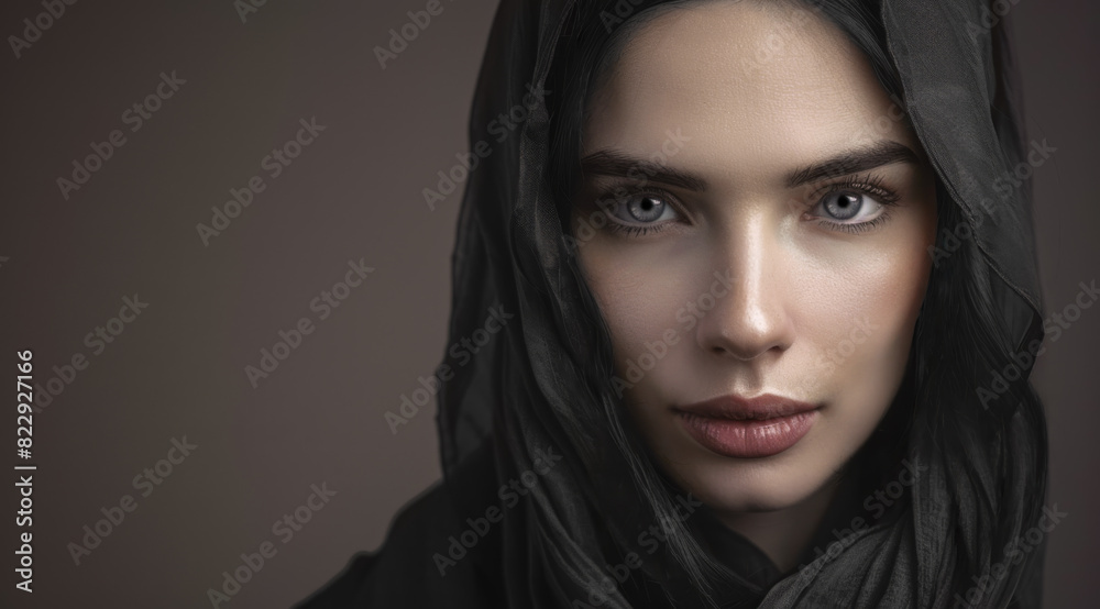 Close up portrait of a woman in a black shawl. Piercing eyes and full lips. Mooodlyl and ethereal. Copy space. Close up portrait of a woman in a black shawl. Piercing eyes and full lips. Mooodlyl and ethereal. Copy space.