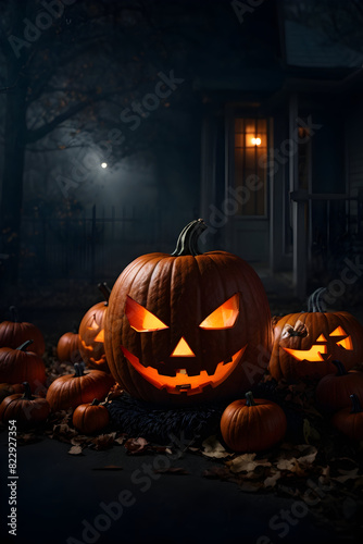 Halloween glowing pumpkins  dark and moody black theme  creepy and macabre halloween scary pumpkin