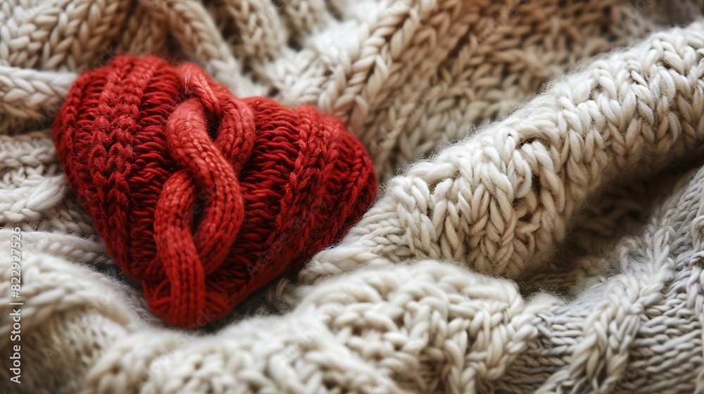 Fototapeta premium Red heart shape on soft woolie knitted background