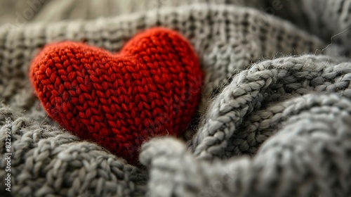 Red heart shape on soft woolie knitted background