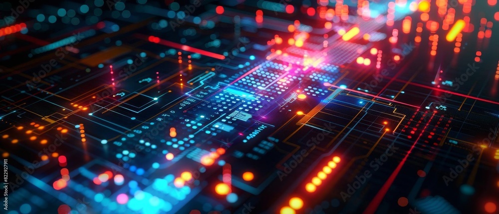 A circuit board with red and blue lights. The board is made of a dark material and the lights are reflected on the surface. The image is abstract and futuristic.