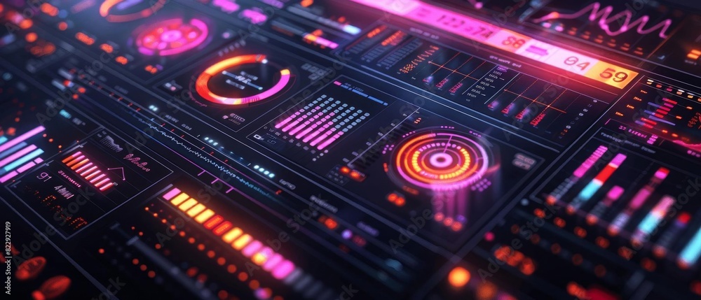 Futuristic dashboard with glowing orange and pink neon lights.