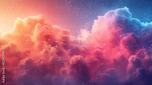 A beautiful dreamscape of pink, blue, and purple clouds with bright white stars scattered throughout