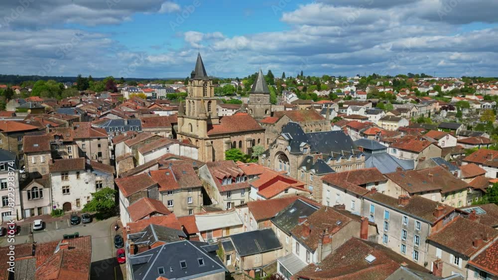 Collegiate Church of Saint Junien in France. Aerial drone descending Collegiate Church of Saint Junien in France. Aerial drone descending