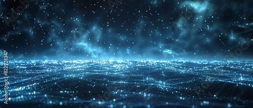 A digital landscape with a starry night sky and a glowing blue lake