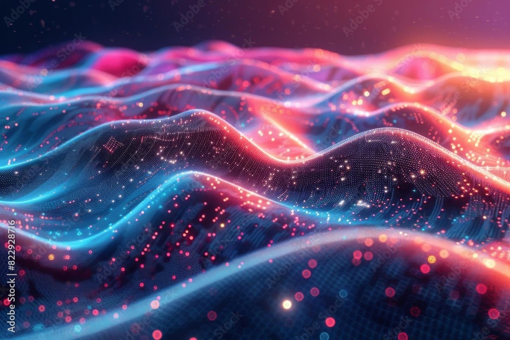Create a seamless looping animation of a glowing blue and pink digital landscape with glowing particles Create a seamless looping animation of a glowing blue and pink digital landscape with glowing particles