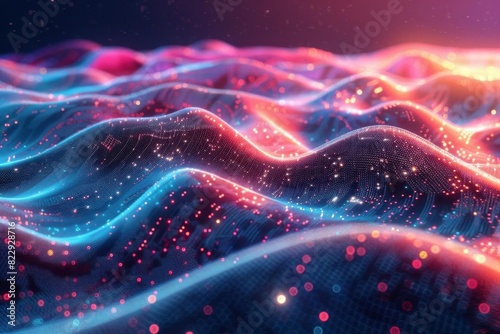 Create a seamless looping animation of a glowing blue and pink digital landscape with glowing particles