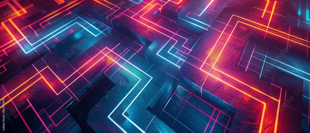 An abstract landscape of glowing neon lines and geometric shapes. The cool blue and red colors create a sense of depth and mystery.