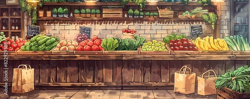 Cozy zero waste grocery, rustic bins with unpackaged fresh produce, warm colors, illustration, reusable jute bags nearby