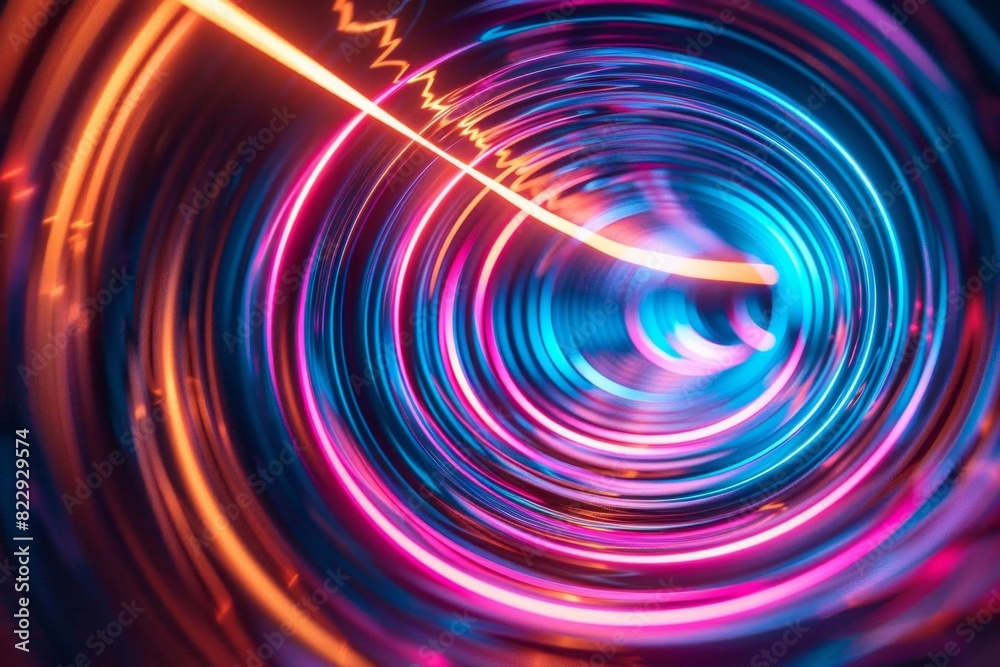 Create a mesmerizing animation of a glowing light streak traveling through a neon tunnel