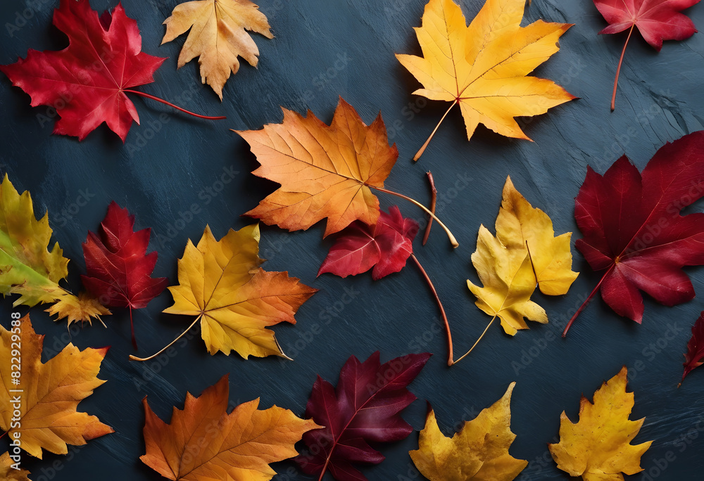 A collection of colorful autumn leaves scattered on a dark slate background. The leaves are in various shades of red, orange, yellow, and brown. A collection of colorful autumn leaves scattered on a dark slate background. The leaves are in various shades of red, orange, yellow, and brown.