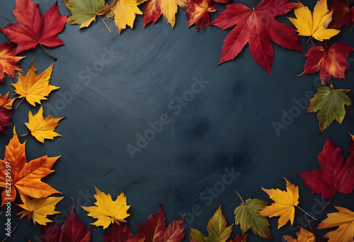A dark blue background with a border of colorful autumn leaves in shades of red, yellow, and orange.