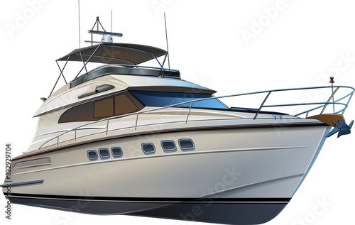 Large luxury motor yacht anchored in marina isolated on transparent background.