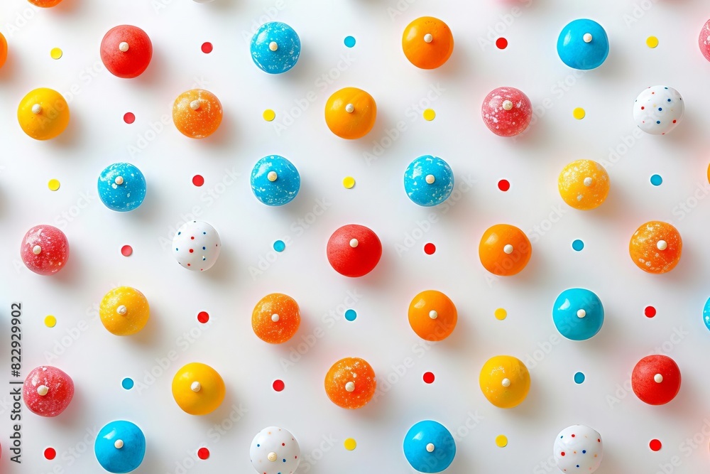 Create a seamless pattern of colorful polka dot gumballs against a white background Create a seamless pattern of colorful polka dot gumballs against a white background