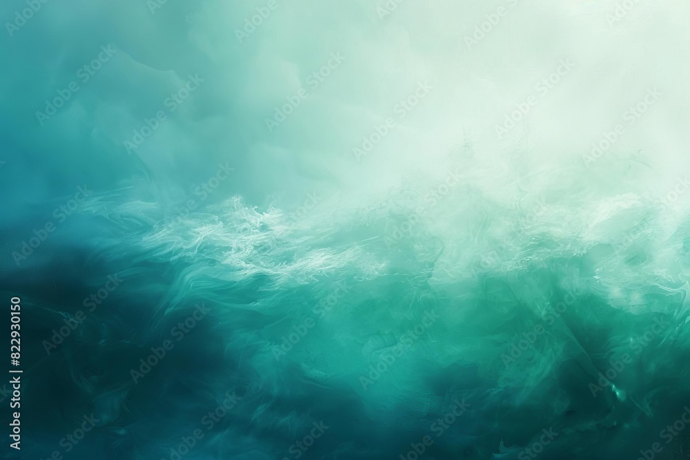 A beautiful painting of rough ocean waves in shades of green and blue. The waves are capped with white foam and the sun is shining brightly overhead.