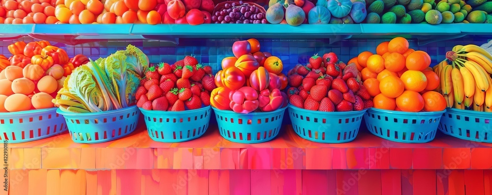 Fototapeta premium Eclectic zero waste grocery, unpackaged fruits and vegetables, psychedelic colors, high contrast, pop art, reusable baskets