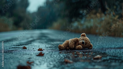The abandoned little bear lies on a wet road it's raining loss and depression concept photo