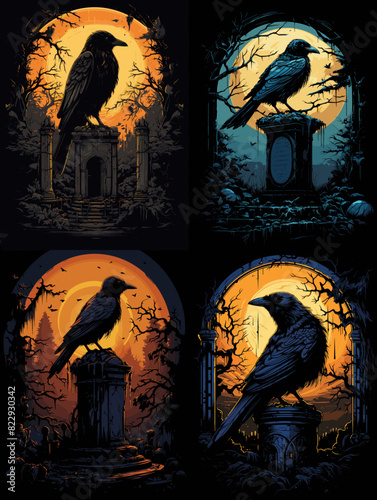 Dark gothic raven perched on a tombstone under a glowing full moon, surrounded by eerie trees and mist. Perfect for horror, mystery, Halloween, and gothic art themes.