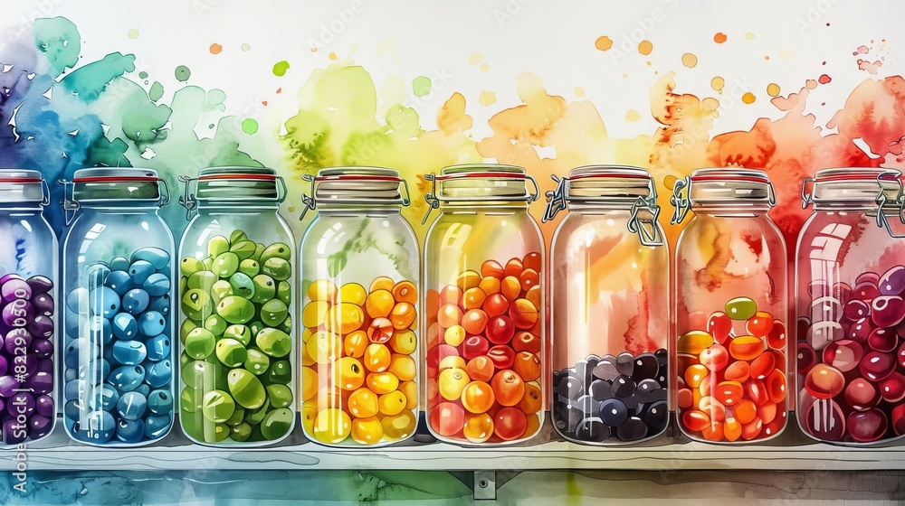 Fresh and colorful refill stations in zero waste grocery, bright hues, watercolor, reusable glass jars and metal containers