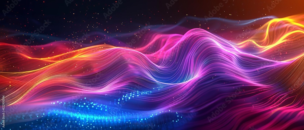 Create a 3D landscape consisting of glowing neon pink, blue, and orange waves. The waves should appear to be flowing and crashing over each other. Create a 3D landscape consisting of glowing neon pink, blue, and orange waves. The waves should appear to be flowing and crashing over each other.