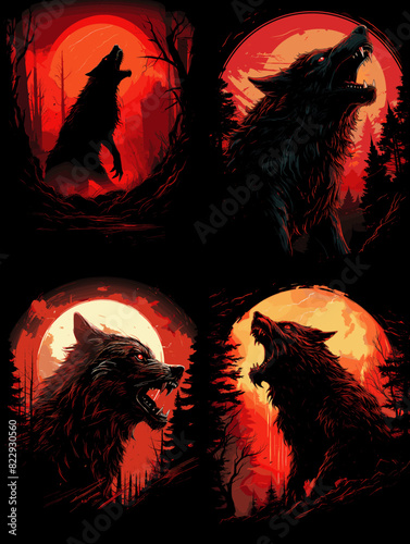 Dark and eerie werewolf illustrations howling at a blood-red moon in a haunted forest. Perfect for horror, gothic art, supernatural themes, Halloween designs, and fantasy storytelling.