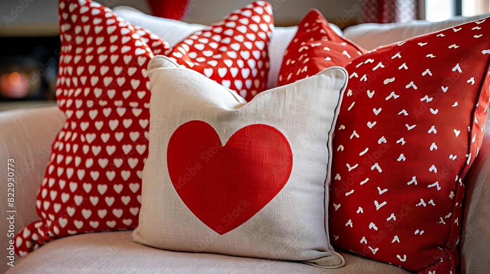 Obraz premium Three red and white cushions with heart pattern