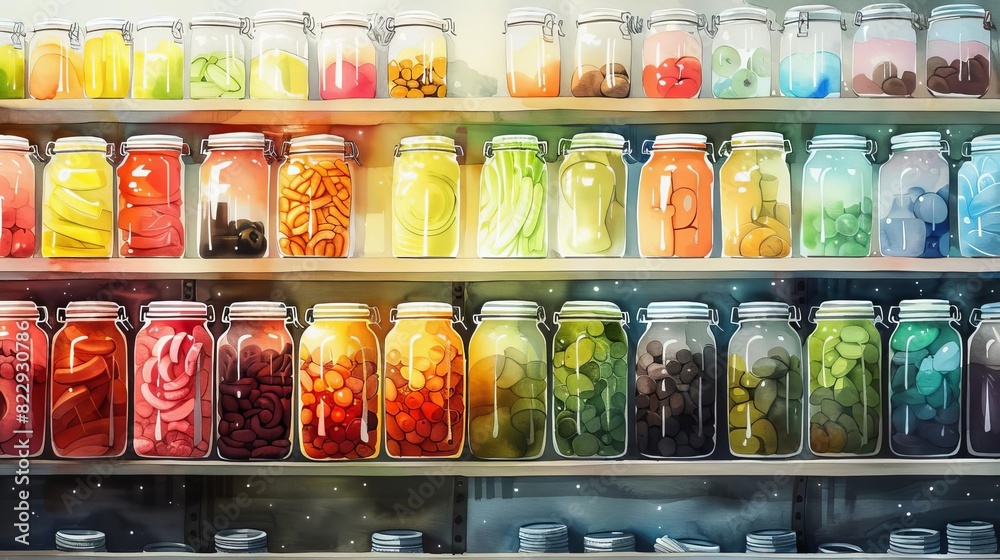 Fresh and colorful refill stations in zero waste grocery, bright hues, watercolor, reusable glass jars and metal containers