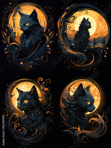 Mystical black cat illustrations with glowing moonlit backgrounds, swirling patterns, and artistic details. Perfect for fantasy themes, Halloween, and gothic designs.