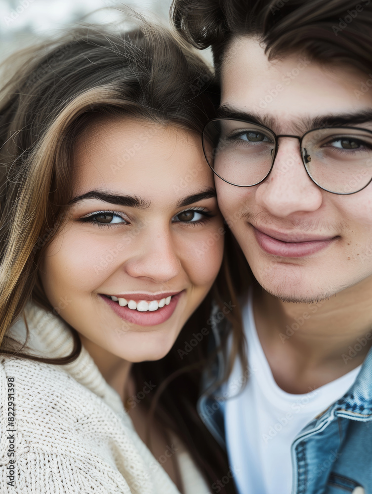 Close-up of a joyous young couple sharing a tender, affectionate moment. Close-up of a joyous young couple sharing a tender, affectionate moment.