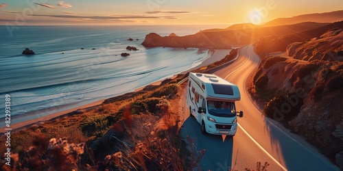 An RV on a winding coastal road overlooks a tranquil sea at golden hour. photo
