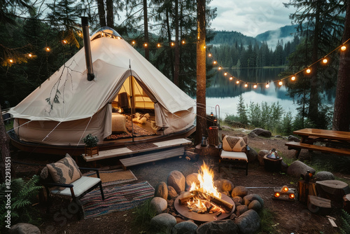 Twilight casts a magical glow on a luxurious camping setup with a tent and crackling fire.