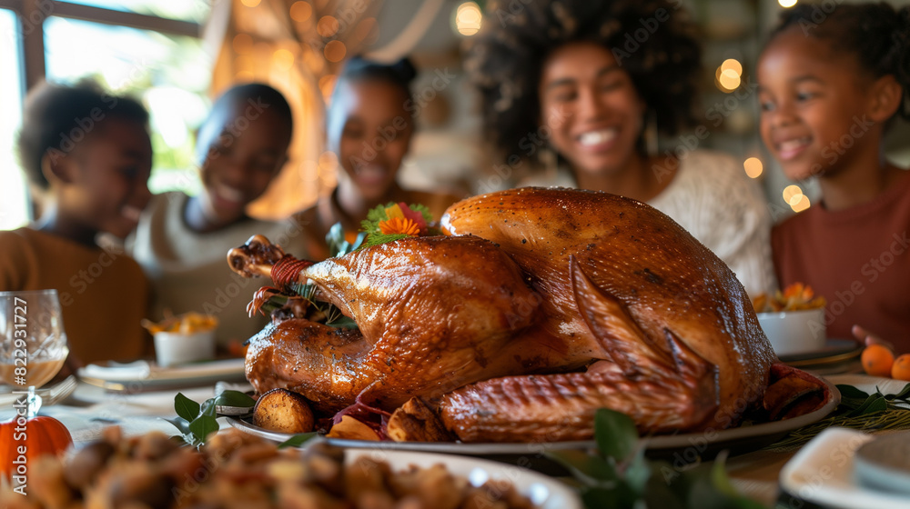 Happy African American family having Thanksgiving dinner at dining table