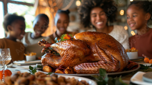 Obraz na płótnie Happy African American family having Thanksgiving dinner at dining table w salonie