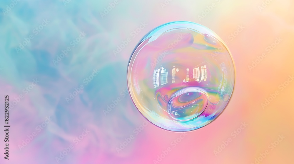 Transparent bubble in mid air on rainbow pastel background Transparent bubble in mid air on rainbow pastel background