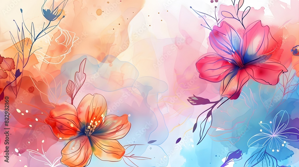 Fototapeta premium Abstract art background vector. Luxury minimal style wallpaper with golden line art flower and botanical leaves, Organic shapes, Watercolor. Vector background for banner, poster, Web and packaging.