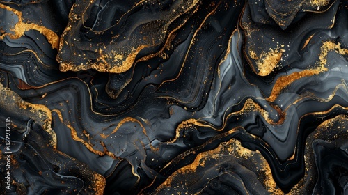 Abstract black and gold marble background with glitter, luxury design for cover or banner. Abstract liquid paint swirls on dark textured wallpaper. Background of flowing golden ink