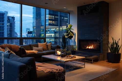 A cozy modern living room with a sleek fireplace and stylish decor in a high-rise apartment at dusk