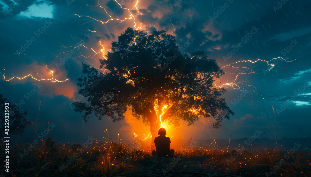 Fototapeta premium Striking Scene: Lightning and Person Beneath Tree
