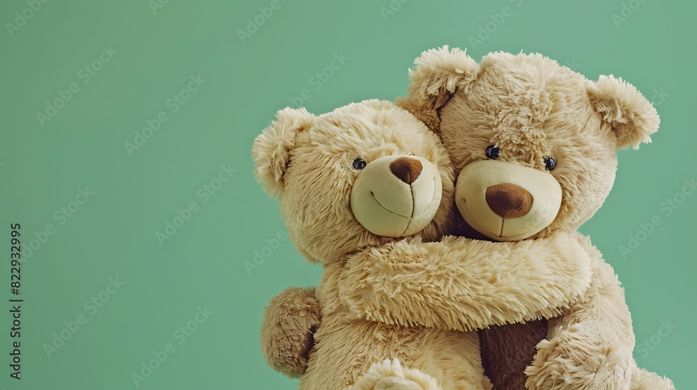Obraz premium Two Teddy bears hugging each other over green background