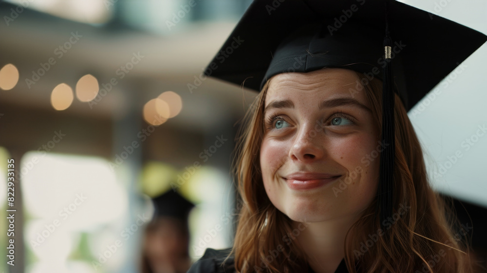 Smiling young woman in graduation cap and gown looking up with joy and pride during a graduation ceremony