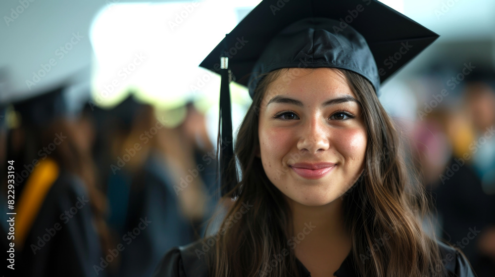 Smiling young woman in graduation cap and gown standing in a crowd, radiating joy and accomplishment during a graduation ceremony