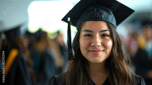 Smiling young woman in graduation cap and gown standing in a crowd, radiating joy and accomplishment during a graduation ceremony