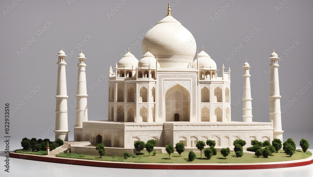 A small white model of the Taj Mahal sits on a red platform against a white background.

